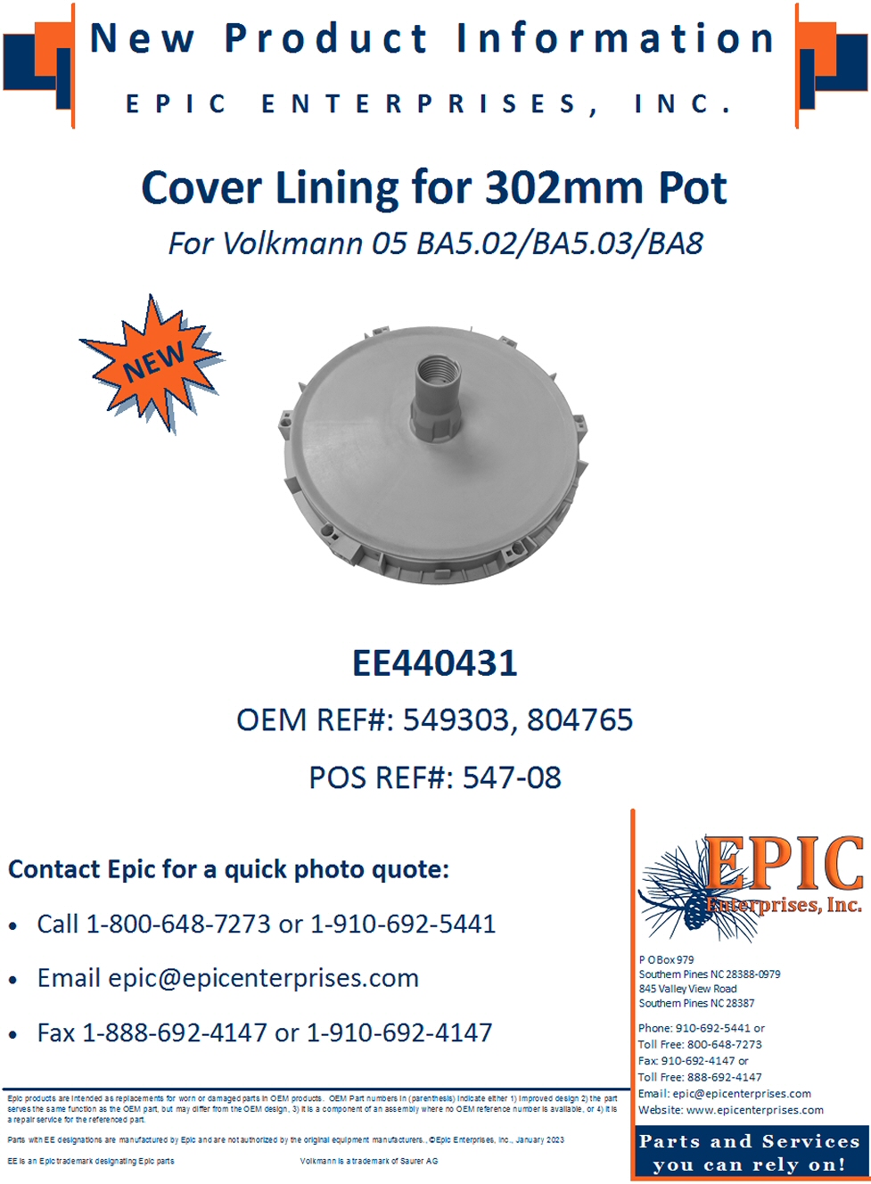 EE440431 Cover Lining for 302mm Pot for Volkmann 05 BA5.02/BA5.03/BA8
